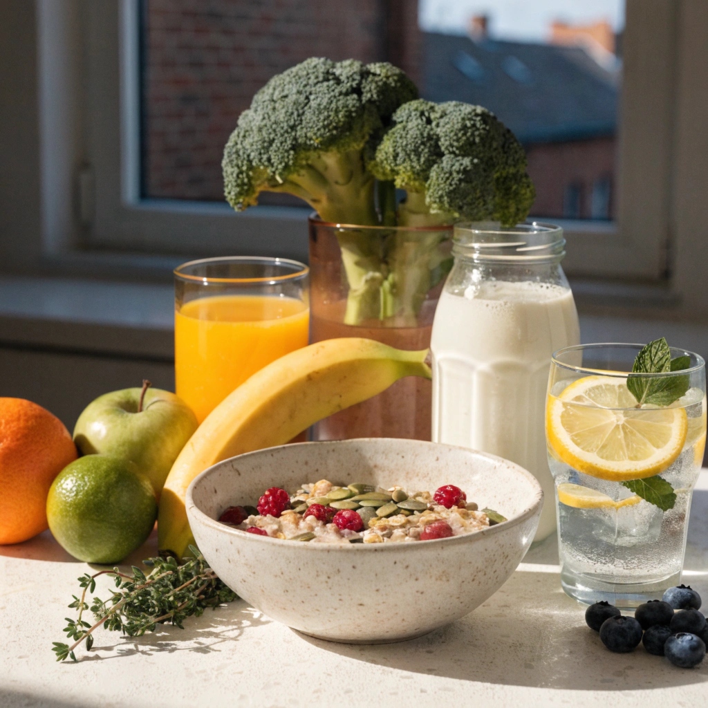 Carvonil natural botanical ingredients arranged on a white surface including herbs and capsules