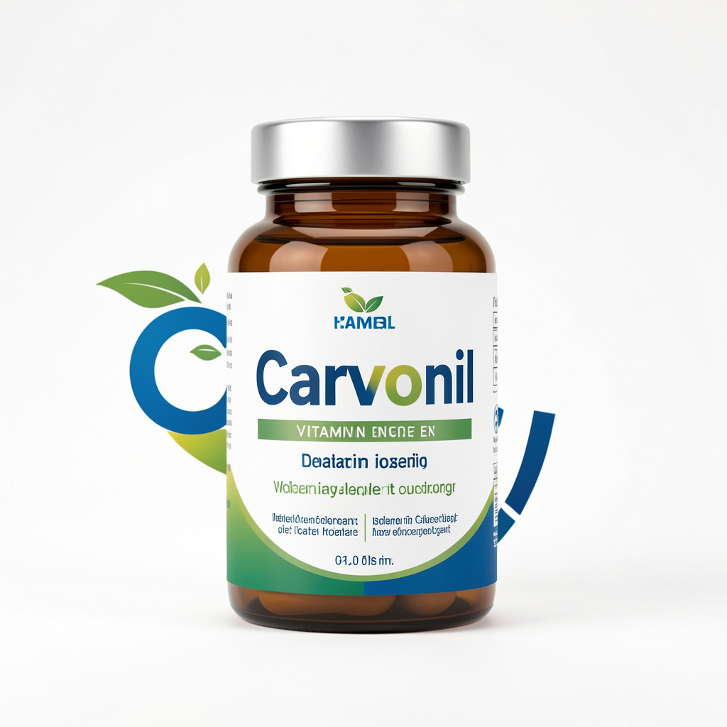 Carvonil natural complex capsules in amber glass bottle surrounded by botanical ingredients